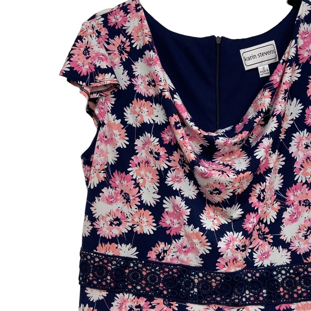 Karin Stevens Navy Blue & Pink Floral Knit Lace Waist Dress Women's size 12 - Picture 2 of 9